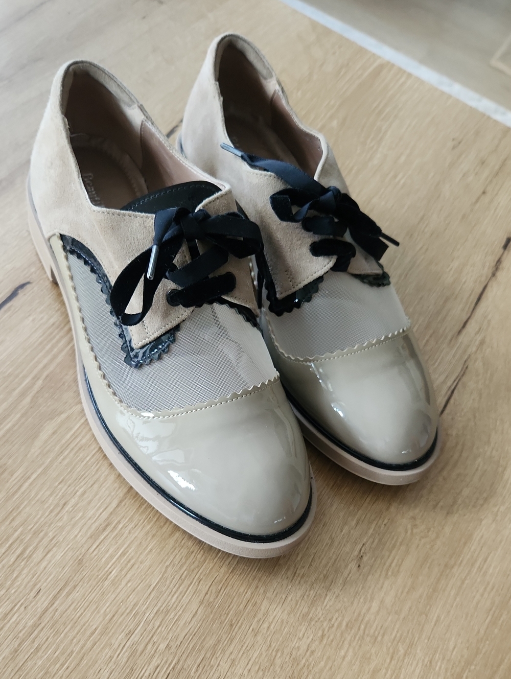 BeautiFeel Beige Patent & Suede Lace-Up Flats with Black Ribbon Laces